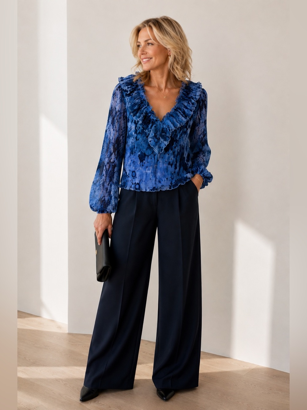 GANNI Blue Abstract Print Pleated Ruffle Blouse Balloon Sleeve